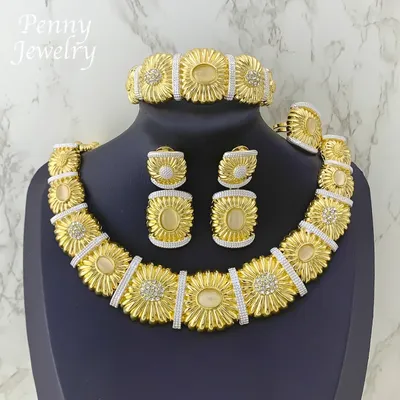 Italian Rhinestones Chunky Dubai Gold Plated Jewelry Set Round Choker Necklace Earrings Bracelet Ring Bridal Wedding Party Gift
