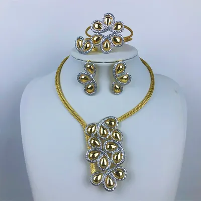 ESALE Two Tones Gold Plated Jewelry Set for Women Chunky Choker Necklace Earring Bracelet Ring Bridal Wedding Party Gifts