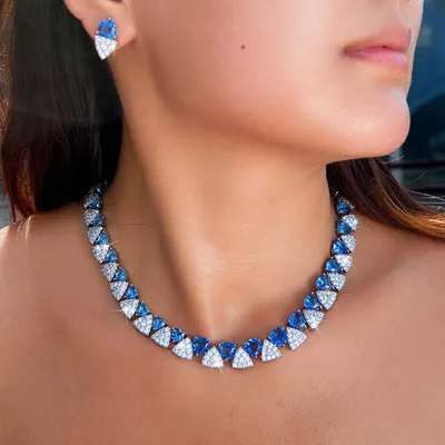 ThreeGraces Luxury Unique Shiny Synthetic Tanzanite and Zirconia Triangle Shape Bridal Wedding Party Jewelry Set for Women T1081
