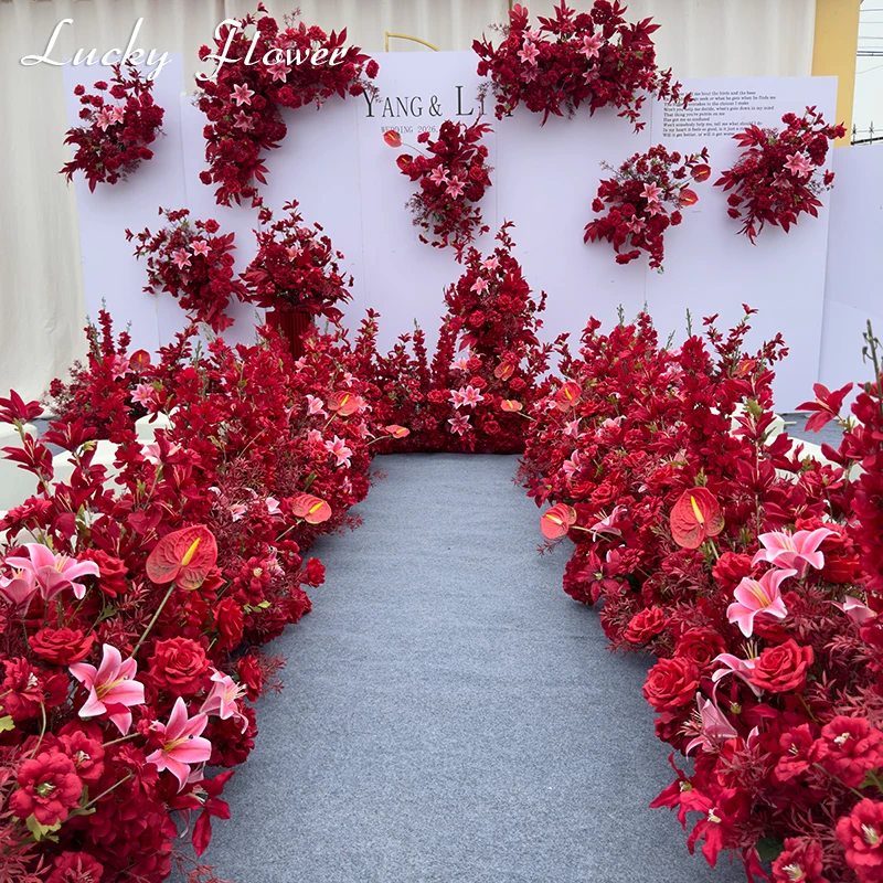 Red Rose Lily Wedding Backdrop Decoration Wall Corner artificial Flower Row Flower Arrangement Flower Ball Hanging Flower Row