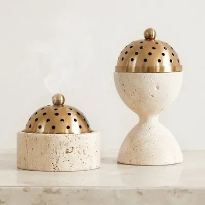 Travertine Stone Mabkhara Burner Luxury Oud Mubkhar Censer Natural Marble Incense Bakhoor Burner with Brass Cover