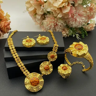 Flora 4-Piece Luxury Hollow Out Earrings Necklace Set Copper Plated Jewelry for Wedding Bride Gift for Women