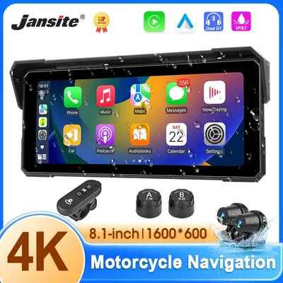 8.1" Motorcycle DVR 4K+1080P GPS Navigation Wireless Carplay Android Auto IPX7 Waterproof Display Drive Recorder Dual Bluetooth