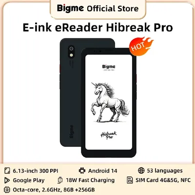 Bigme Hibreak Pro Ebook Reader, 6.13‘’ E-ink Screen 300PPI, Dimensity 1080 CPU, 8GB+256GB, Android 14 Open System ereader w/ N