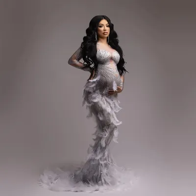 Maternity Photography Dress Rhinestone High Elastic Fabric Stitched Gauze Feather Skirt Sexy Maternity Dress For Photo Shooting