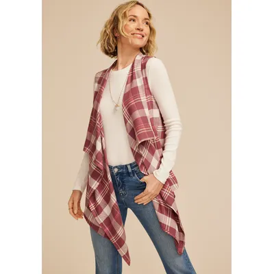 Maurices Women's Plaid Open Front Waterfall Vest Brown Size Small