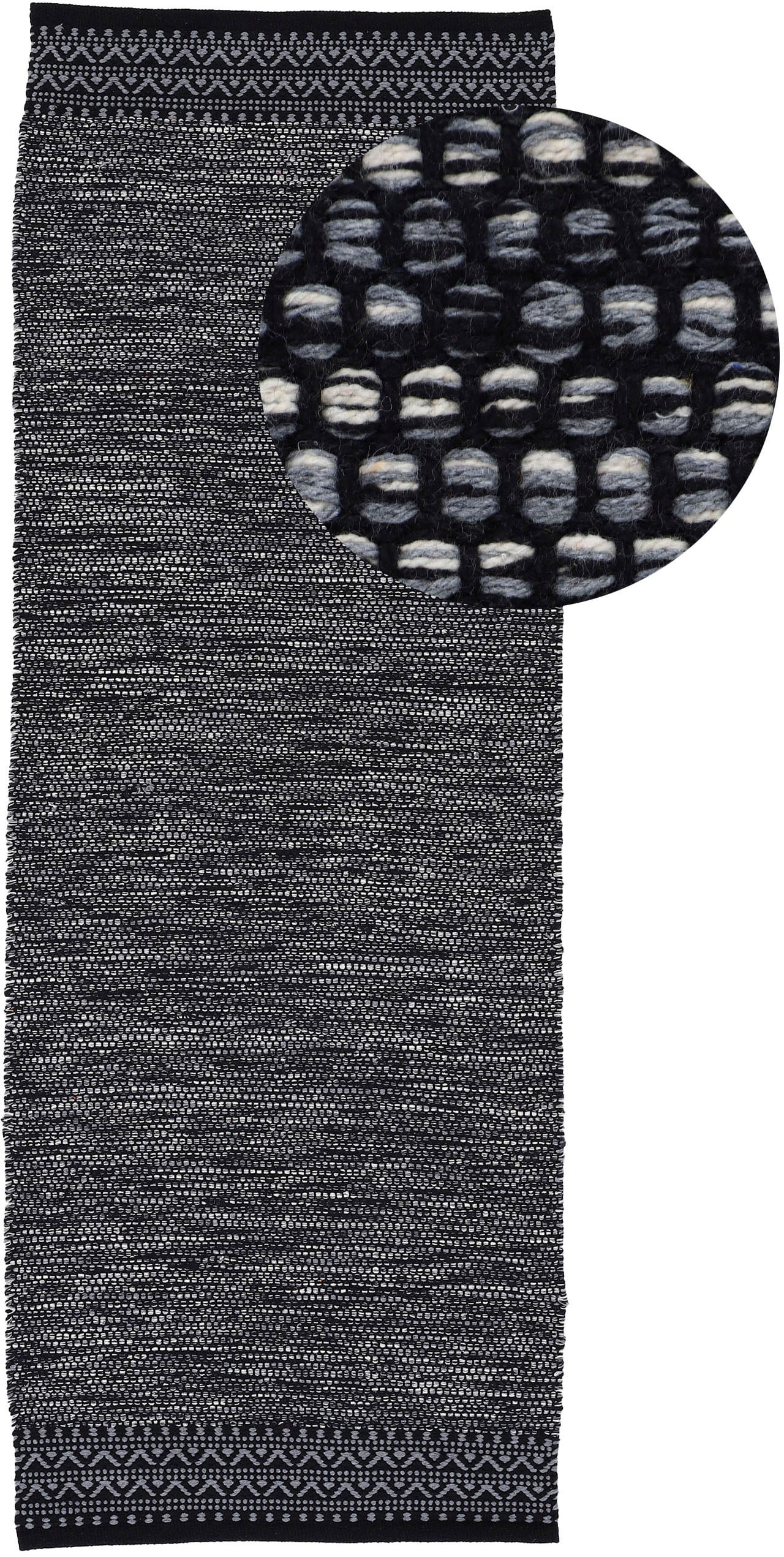 Teppich CARPETFINE "Kelim Mia, auch als Läufer erhältlich", schwarz, B:80cm H:6mm L:300cm, Baumwolle, Teppiche, handgewebt, Baumwolle, Wendeteppich, Fleckerl, Bordüre, Wohnzimmer Image