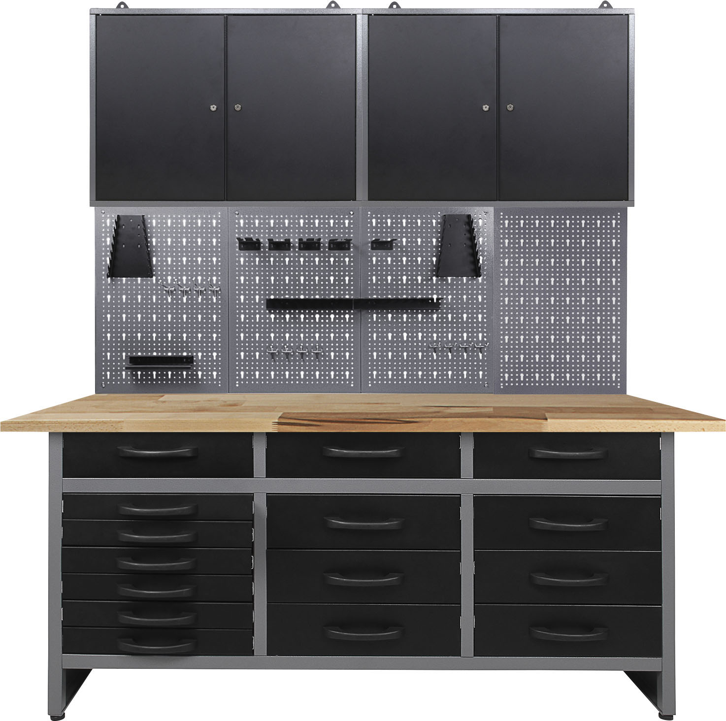 Werkstatt-Set ONDIS24, schwarz (anthrazit, schwarz, grau), B:160cm H:205cm T:60cm, Edelstahl, Werkbänke, 160 cm