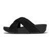 Pantolette FITFLOP "LULU CRINKLED SHIMMER", Damen, Gr. 41, schwarz, Synthetik, Textil, Glitzer, modisch, Schuhe, Slides, Badeschuh, Abendmode mit Glitter