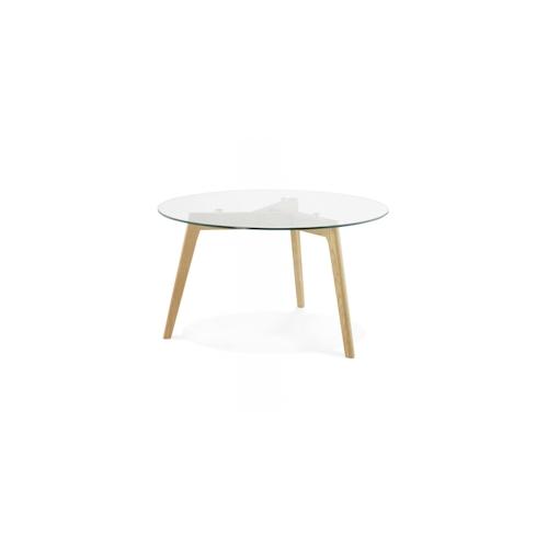 Runder Glas Couchtisch mit Eichenholz Beinen | Moderner Wohnzimmertisch Rund Transparent | Zeitgenössisches Design | 90cm Durchmesser | Kadima Design