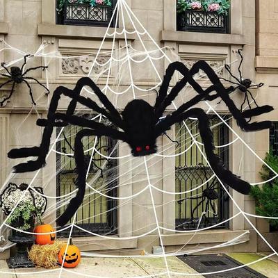 16.5Ft Large Spider Web 5Ft Hairy Spider Stretch Cobwebs Halloween Decorations Scary Fake Spider with Triangular Huge Spider Web Large Props for Outdoor Indoor Haunted House Porch Yard