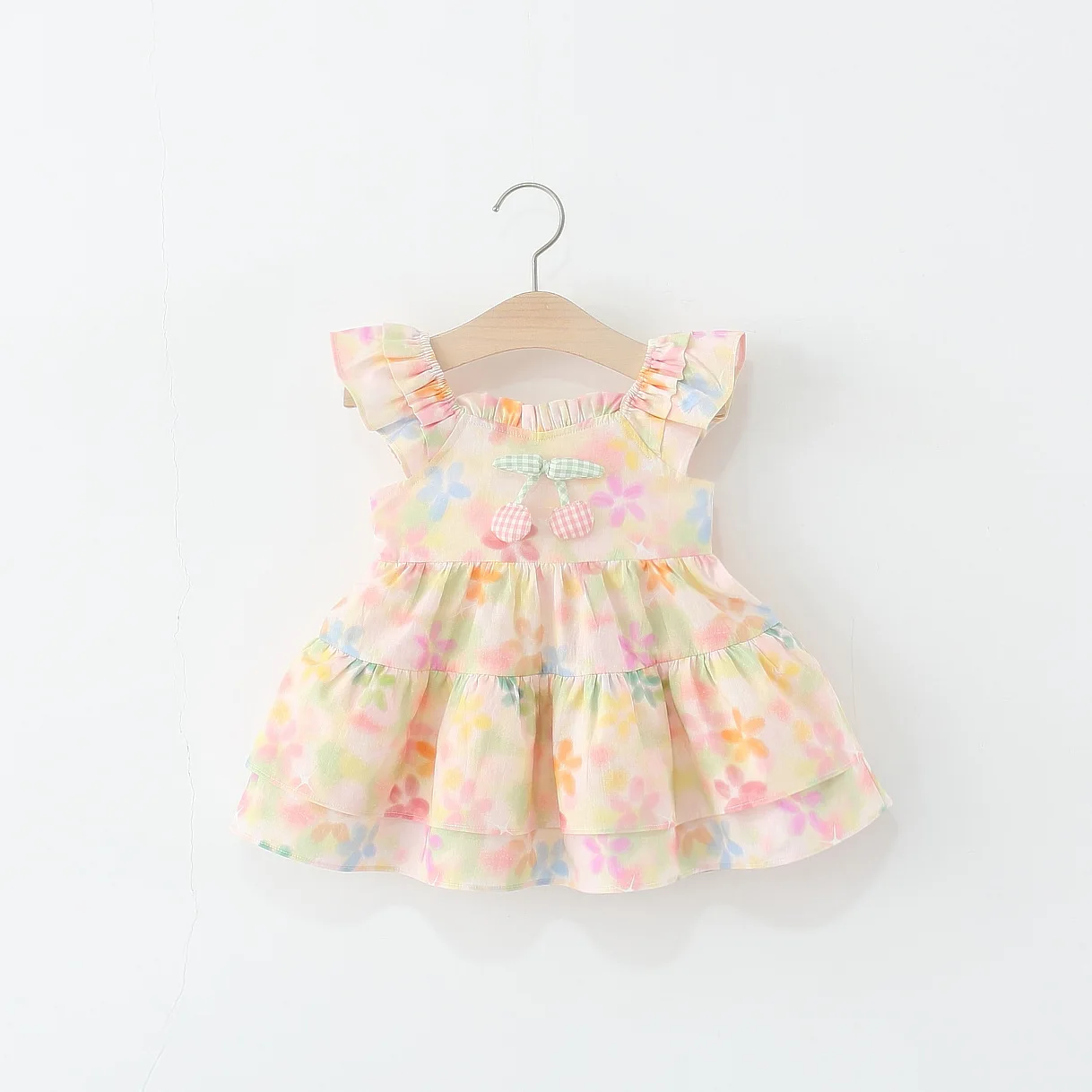 Buntes Baby-Mädchen-Kleid mit Blumen- und Fliegenärmeln, Sommer-neue süße Kirsch-Kinderkleidung für Babys im Alter von 9 Monaten bis 4 Jahren Image