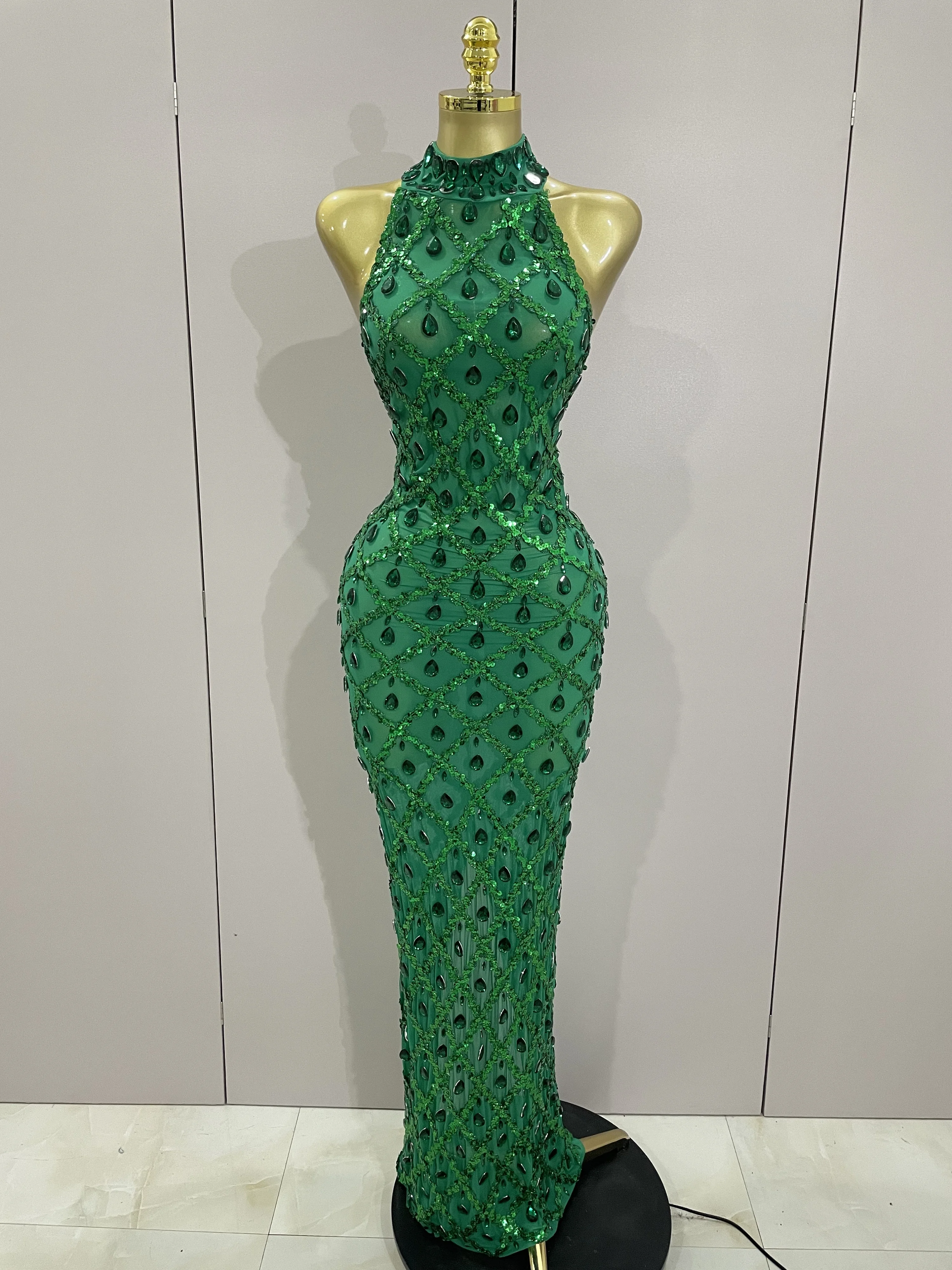 2023 neue Glänzende Diamant Pailletten Grün Sexy Mesh Lange Kleid Frauen Feiern Abend Prom Geburtstag Party Nachtclub Bühne Kostüm