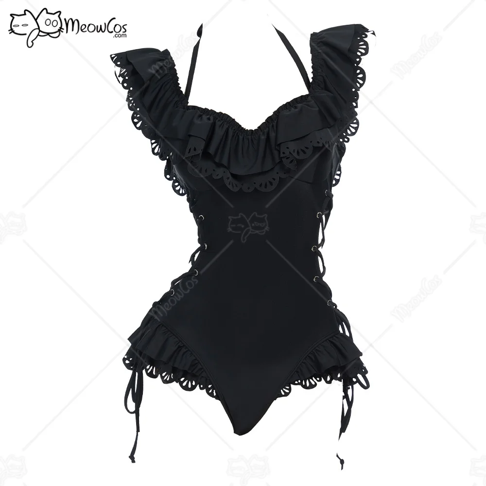 Meowcos Women Timeless Abyss Gothic Black Victorian Swimwear Vintage Style Bathing Suit Cross Lace-up Ruffle One Piece Swimsuit