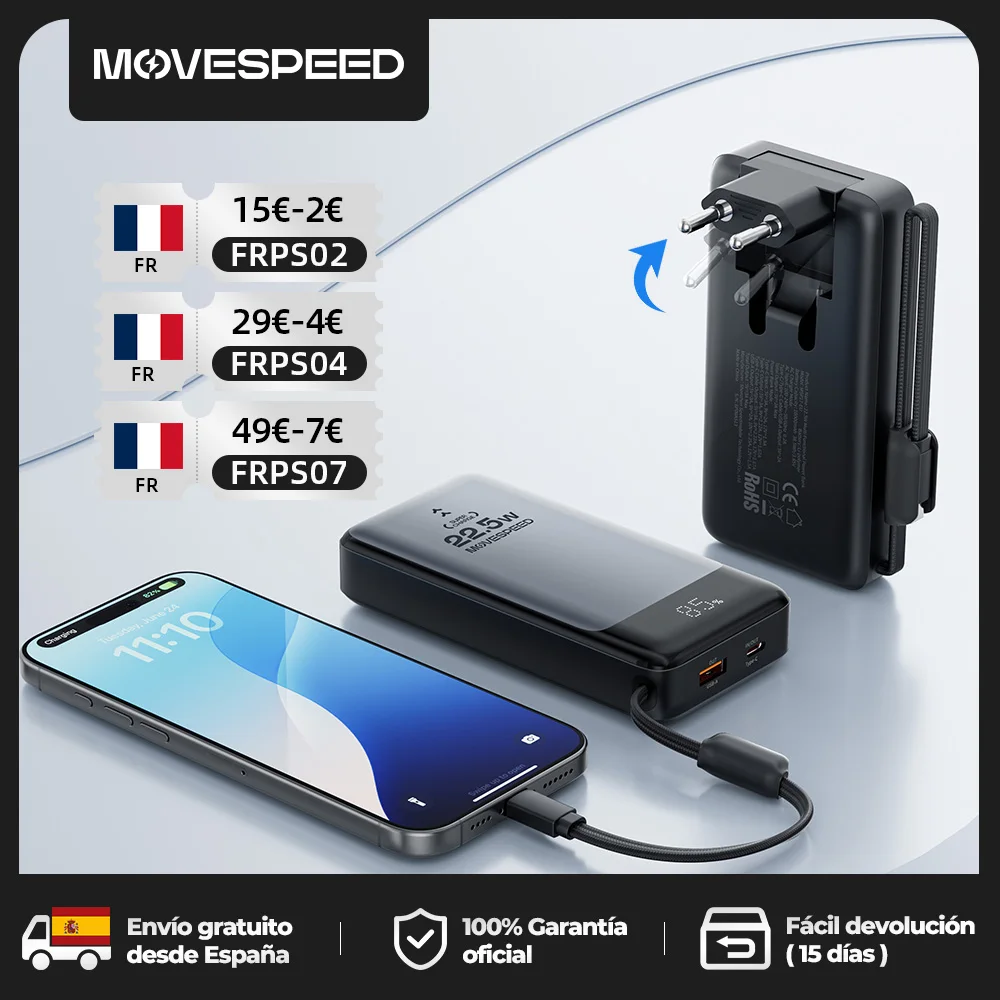 MOVESPEED MSP17 batterie externe 10000 mAh 22.5 W chargeur rapide Portable et batterie dans une Powerbank avec prise ue pliante pour Smartphone