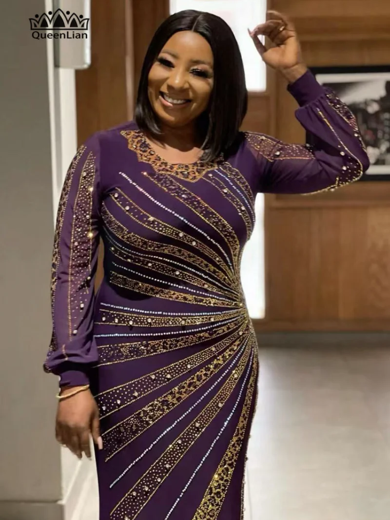 2023 Neues Design Afrikanisches Samt Perle Diamant Langes Enges Kleid Großes Elastisches Material Für Dame (DZ4)) Image