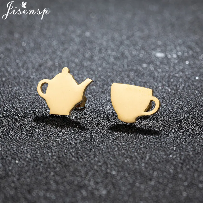 1 paar Asymmetrische Edelstahl Teekanne Teetasse Stud Ohrringe Frauen Einzigartige Kreative Ohr Schmuck Mädchen Casual Leben Tasse Ohrring Image
