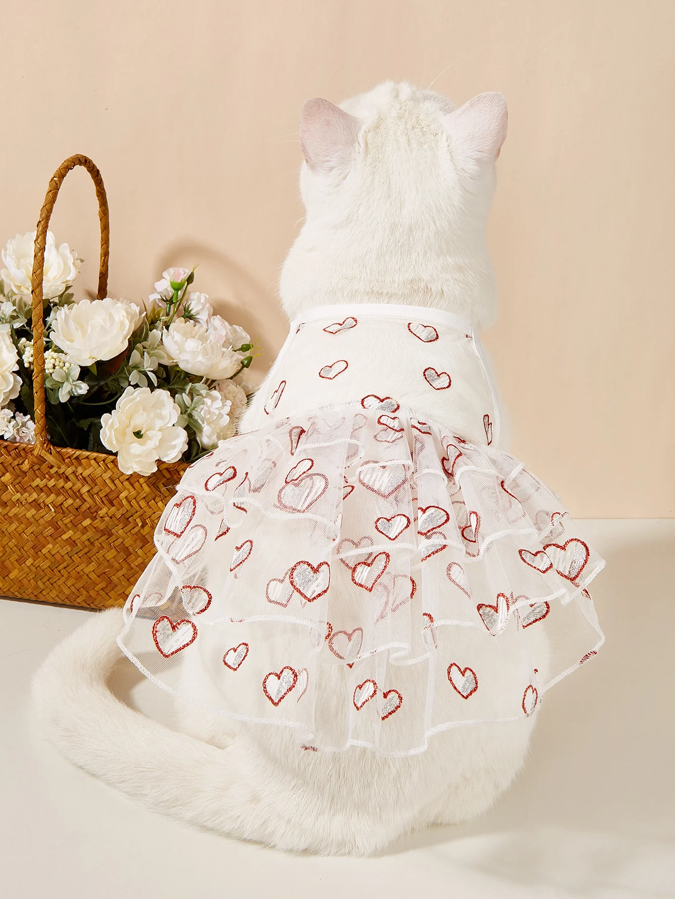 Haustier-Tüllkleid mit glitzernden Herz-Aufdrucken, mehrlagigen Rüschen, transparente Hundekleider für Prinzessin, Mädchen, Welpen, Hunde, Katzen, Kätzchen Image