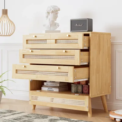 Bedside Table,3 Drawers and Metal Handles,Storage Cabinet for Living Room,Bedroom,Particle Board,PE Rattan,Natural