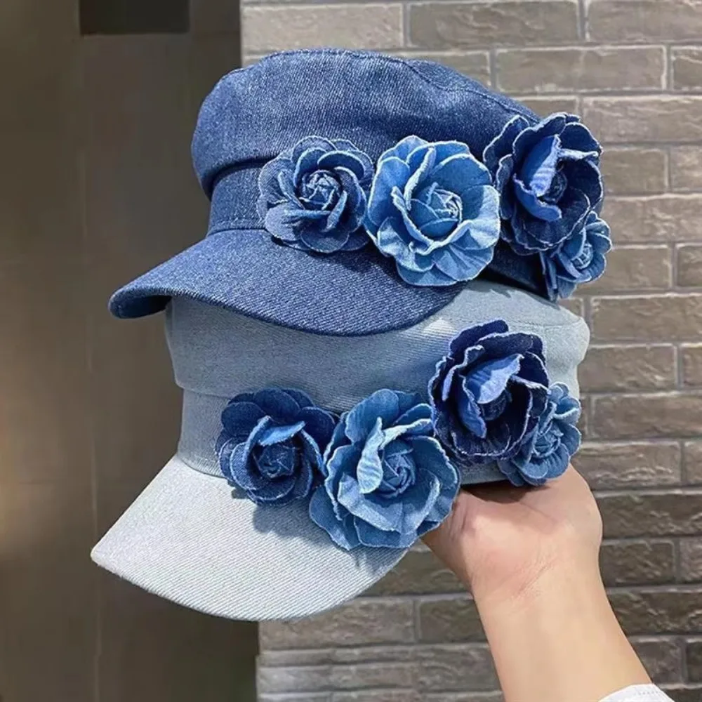 Mode Baskenmütze Kappe Süße Cowboy Flache Top Navy Hut Baumwolle Große Blume Denim Achteckigen Hut Sonnenschutz Hut Student Hut Image