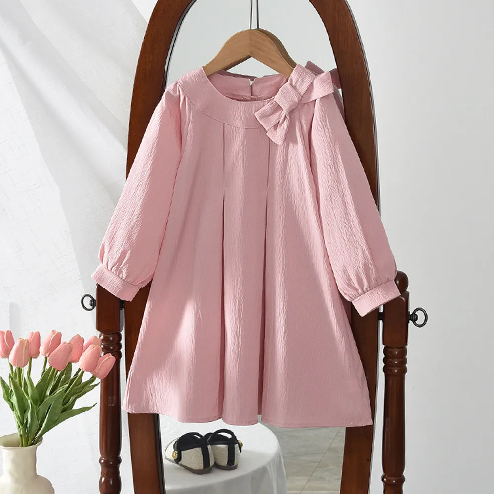 Herbst Rosa Prinzessin Kleid 3 bis 7 Jahre alt Langarm Bogen Dekoration Kinder Casual Kleider Einfarbig Einfache Kinder tragen Image
