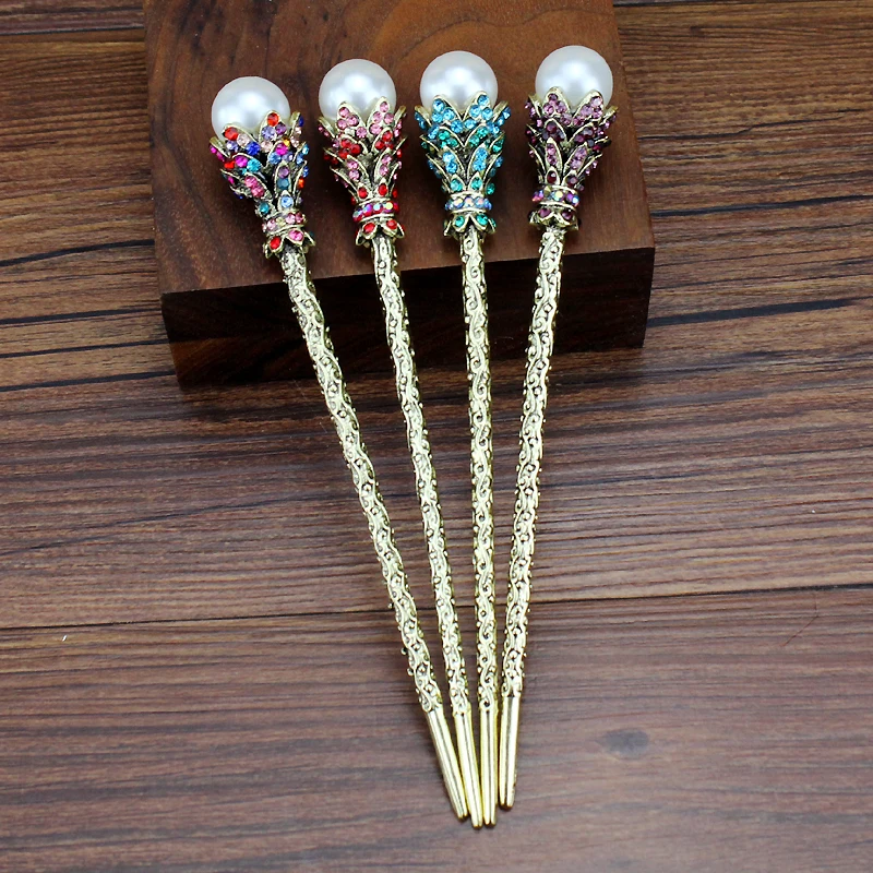 Chinesische Vintage Haar Zubehör Bunte Luxus Kristall Perle Haar Gabel Stäbchen Braut Haarnadeln Sticks Für Frauen Hochzeit Image