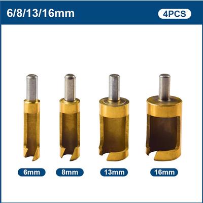 4pcs 6.3mm Titanium Plating Round Shank Carbon Steel Wood Plug Cutter 6mm8mm13mm16mm Woodworker Wood Drilling Plug Hole Cutters Drill Bit
