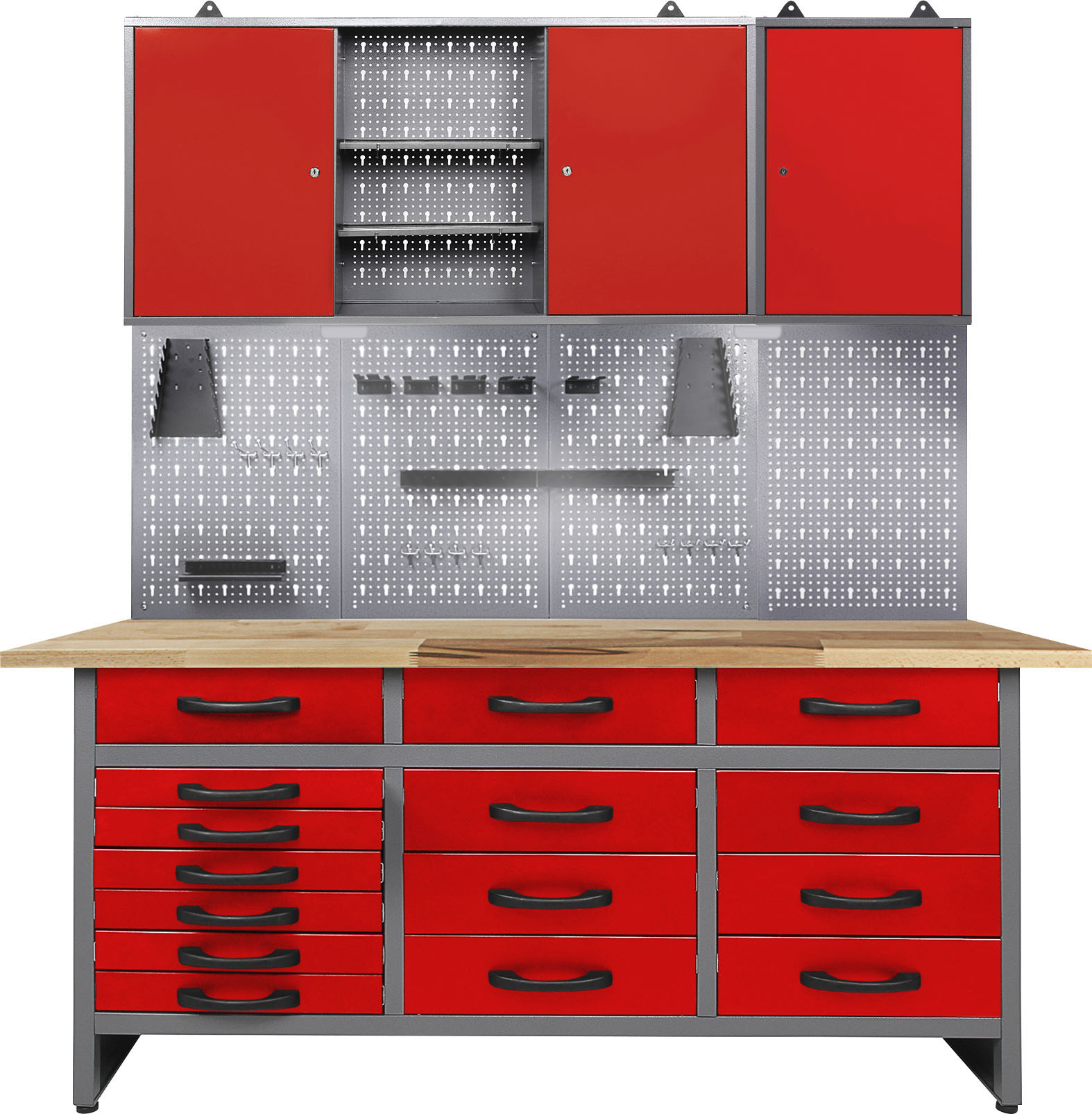 Werkstatt-Set ONDIS24, rot (anthrazit, rot), B:160cm H:205cm T:60cm, Edelstahl, Werkbänke, 160 cm, mit LED