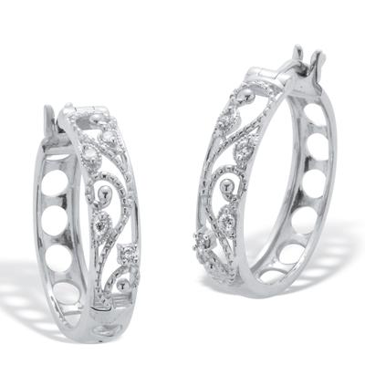Women's .10 TCW Diamond Sterling Silver Filigree Hoop Earrings (7/10 inch) by PalmBeach Jewelry in White (Size ONE SIZE)