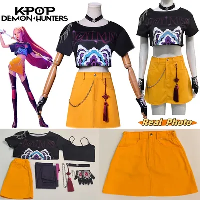 Anime KPop Dämon Hunters Mira Cosplay Kostüm Top Rock Ohrringe Huntrix Uniform Halloween Party für Frauen Mädchen Karneval Anzug Image