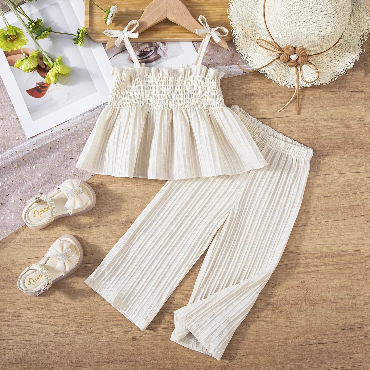 Kinder Kleidung Sets Bogen Riemchen Top + Breite bein Hosen 2 stücke Sets Kleinkind Mädchen Kleidung Baby Mädchen Outfit set Image