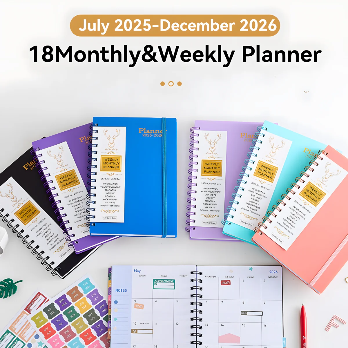 2025.07-2026.12 A5-Planer, wöchentlicher/monatlicher Zeitplan, PP-Einband, 18 Monate Rollover-Coil-Notizbuch, Schreibwaren, Schule, Bürobedarf Image