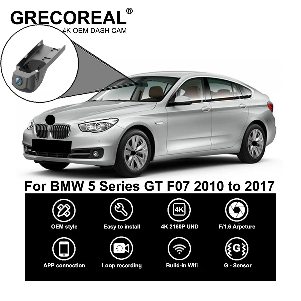 GRECOREAL 4K Dash Cam vorne und hinten WiFi 2160P Auto Dual Dashcam APP Control Plug Play kompatibel mit BMW 5er GT F07 Image