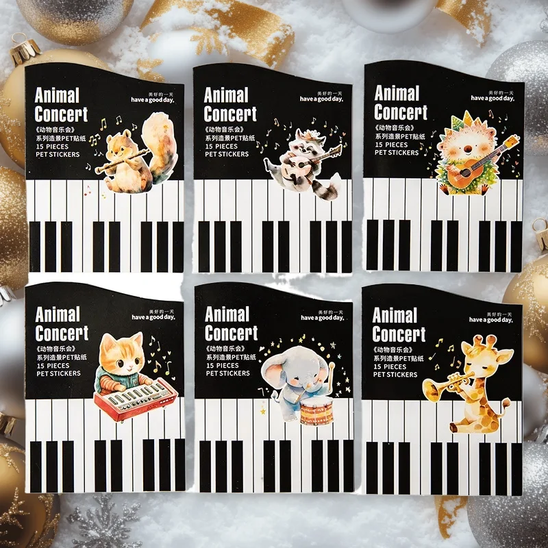 1 Packung/3er-Pack Tierkonzert Serie 6 süße Landschaft PET-Aufkleber für DIY-Dekoration Journal Base 15 Stück/Packung Image