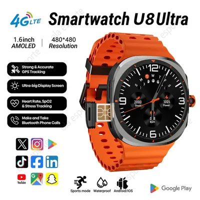 Heißer 4G Alle Netzwerk U8 Ultra Smart Uhr WiFi SIM Karte GPS Karte Tracker HD AMOLED Bildschirm Video anruf für Android IOS Männer Smartwatch
