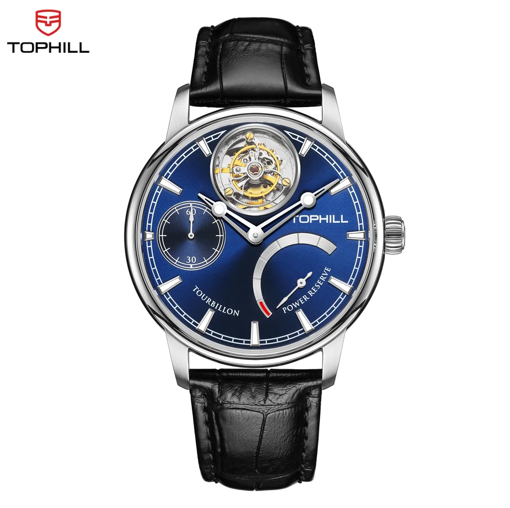 Tophill Tourbillon-Uhr für Herren, mechanische Uhr, luxuriöses Skelett-Zifferblatt, Gangreserve, Lederarmband, Uhr Image