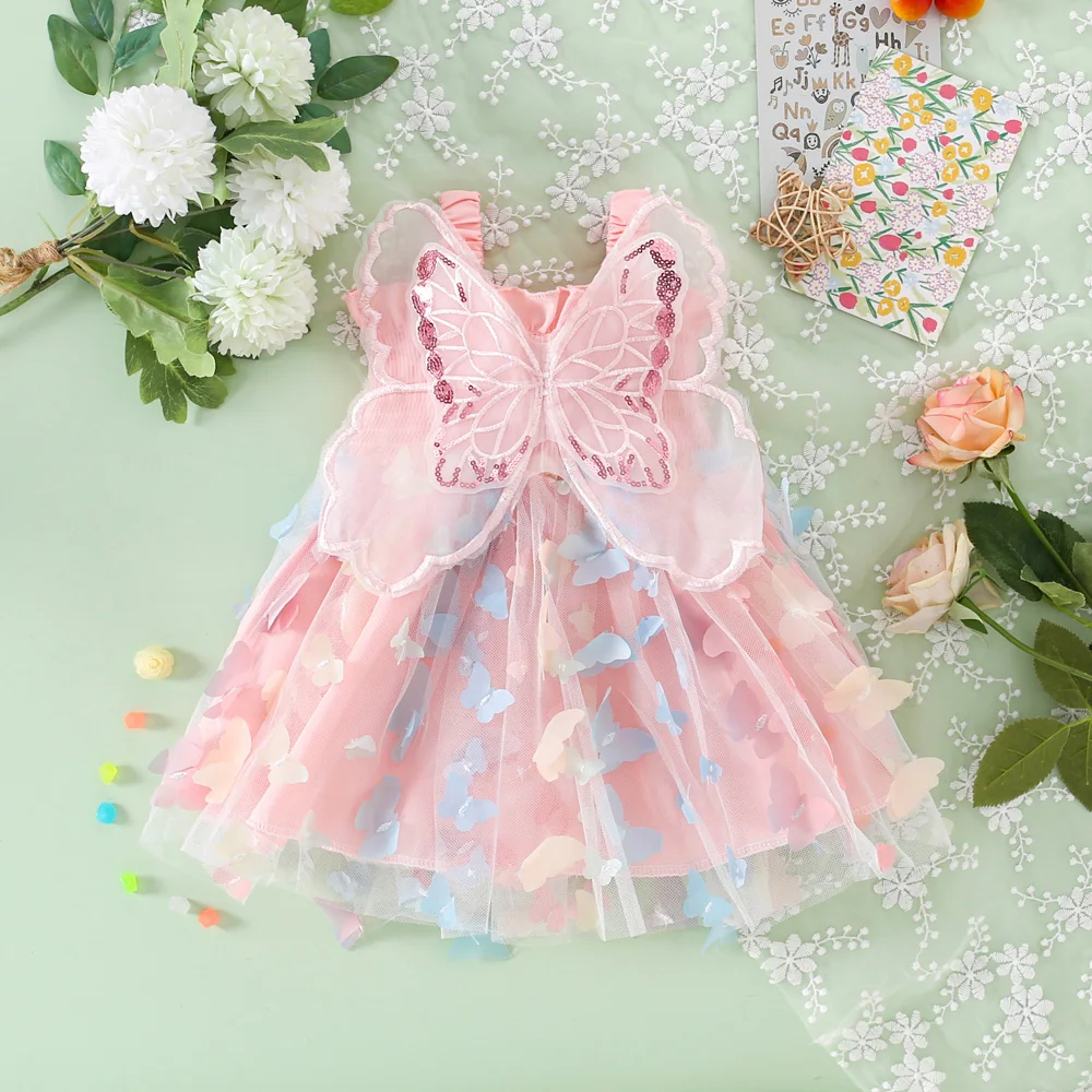 Sommer Neue Bunte Schmetterling Baby Mädchen Kleid, Prinzessin Stil Geburtstag Party Kinder Ärmellose Kleidung Für Babys Im Alter Von 0-3 Image