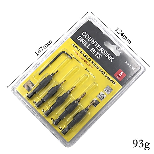 5 pz punte da trapano hss 1/4 gambo esagonale svasato bubble shell assembly titanium maschiatore strumento lavorazione del legno foro pilota dimensione #5 #6 #8 #10 #12 con una chiave inglese