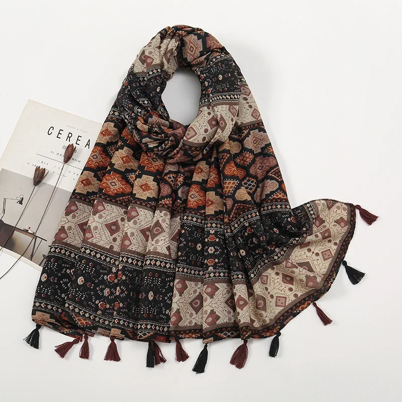 Sommer Druck Geometrie Quaste Schal Frauen Künstlerische Luxus Mode Vielseitig Dünne Atmungsaktive Kopftuch Schals 185*80 cm Image