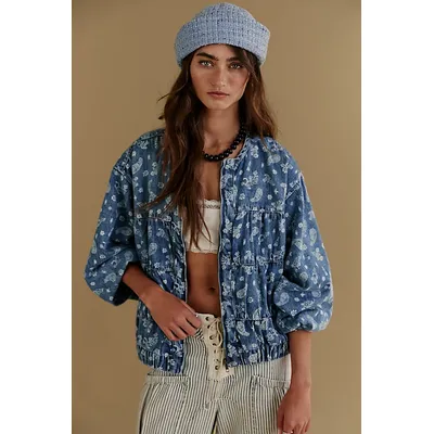 We The Free Layla Printed Denim Jacket at Free People in Blue Fog, Size: Small