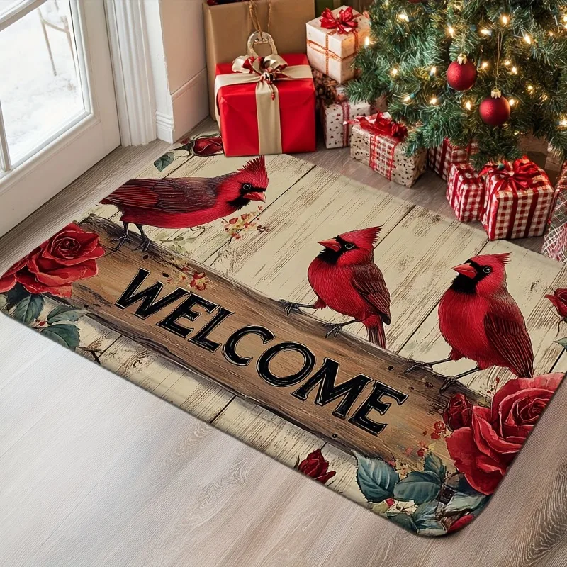 Rote Kardinalrosen-Fußmatte mit Weihnachtsmotiv, festlich für Küche, Badezimmer und Heimdekoration, festliche Matten-Dekorationen Image