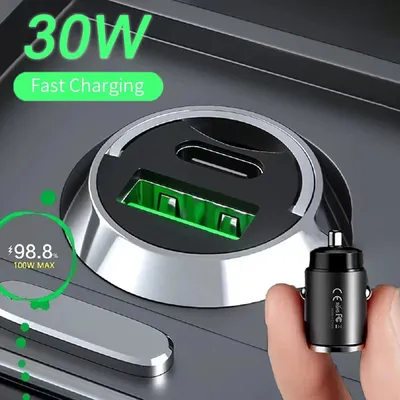 Mini-Autoladegerät mit zwei Anschlüssen, zwei Anschlüsse, Zugring, Schnellladung, Typ C, PD-Autoadapter für iPhone 13, 12, Xiaomi, Huawei, Samsung, QC 3.0 Image