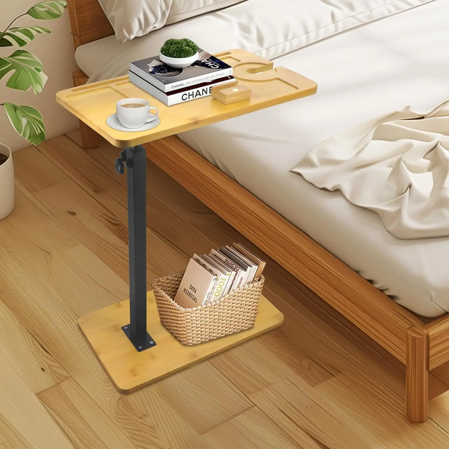 Bambus C Tisch Beistelltisch 360° ° Drehbares TV-Tablett für Couch, Snack-Beistelltische mit Telefon- und Tablet-Steckplatz für Badewanne/Liegestuhl/Bett/Sofa Image