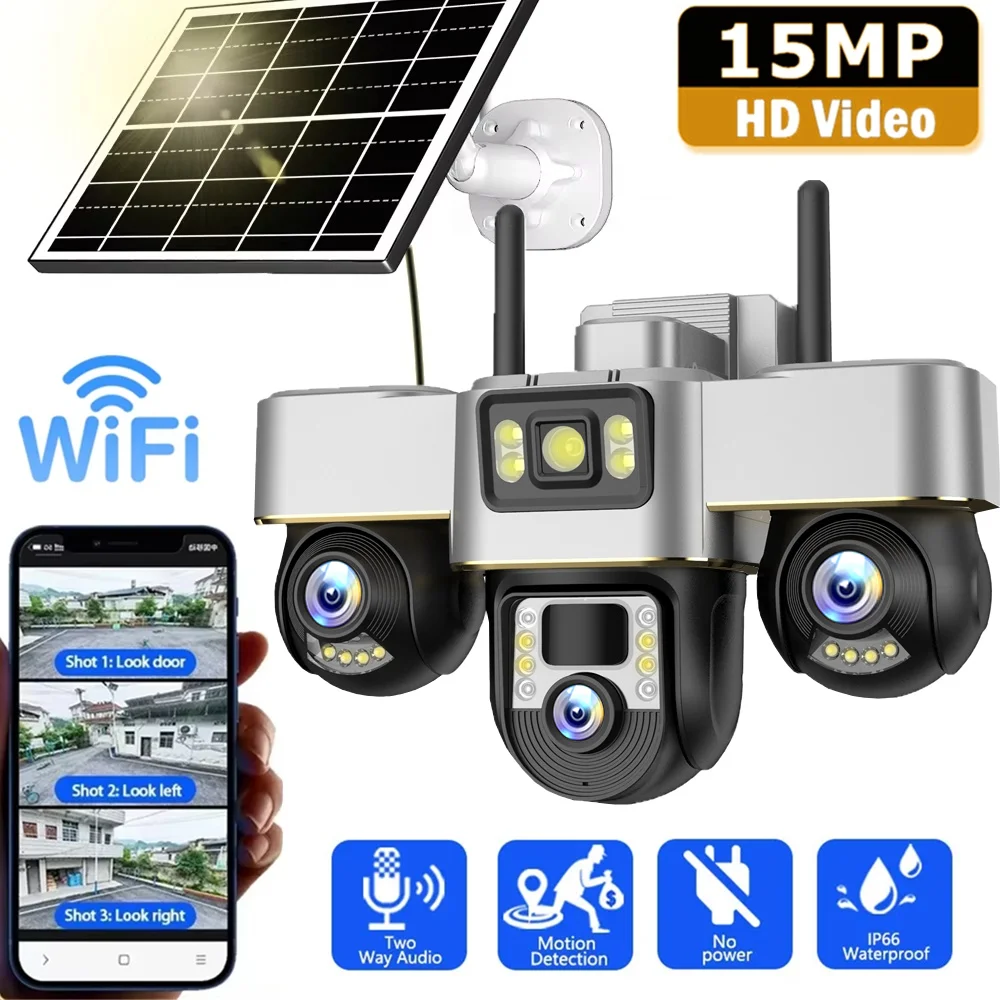V380 15 MP 3 Objektiv 3 Bildschirme Wifi Solar Kamera Outdoor Überwachung Drahtlose CCTV PTZ IP66 Sicherheit Solar Panel Kameras Image