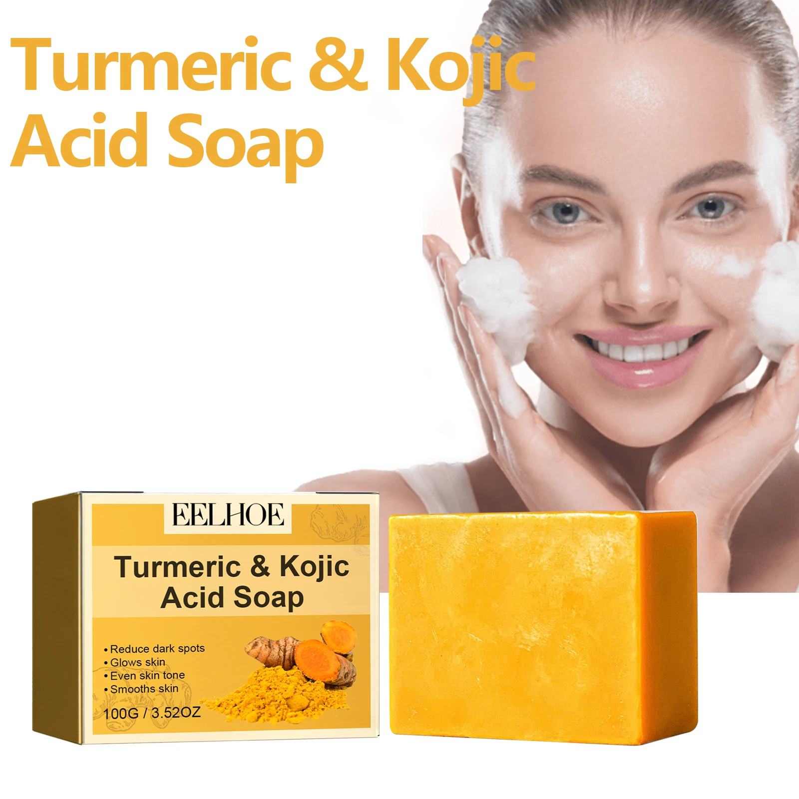 EELHOE Kurkuma-Kojisäure-Seife: Körperreinigung, Entfernung von Akne und Verblassen dunkler Flecken, Aufhellung der Haut, Gesichtsreinigung 100 g Image