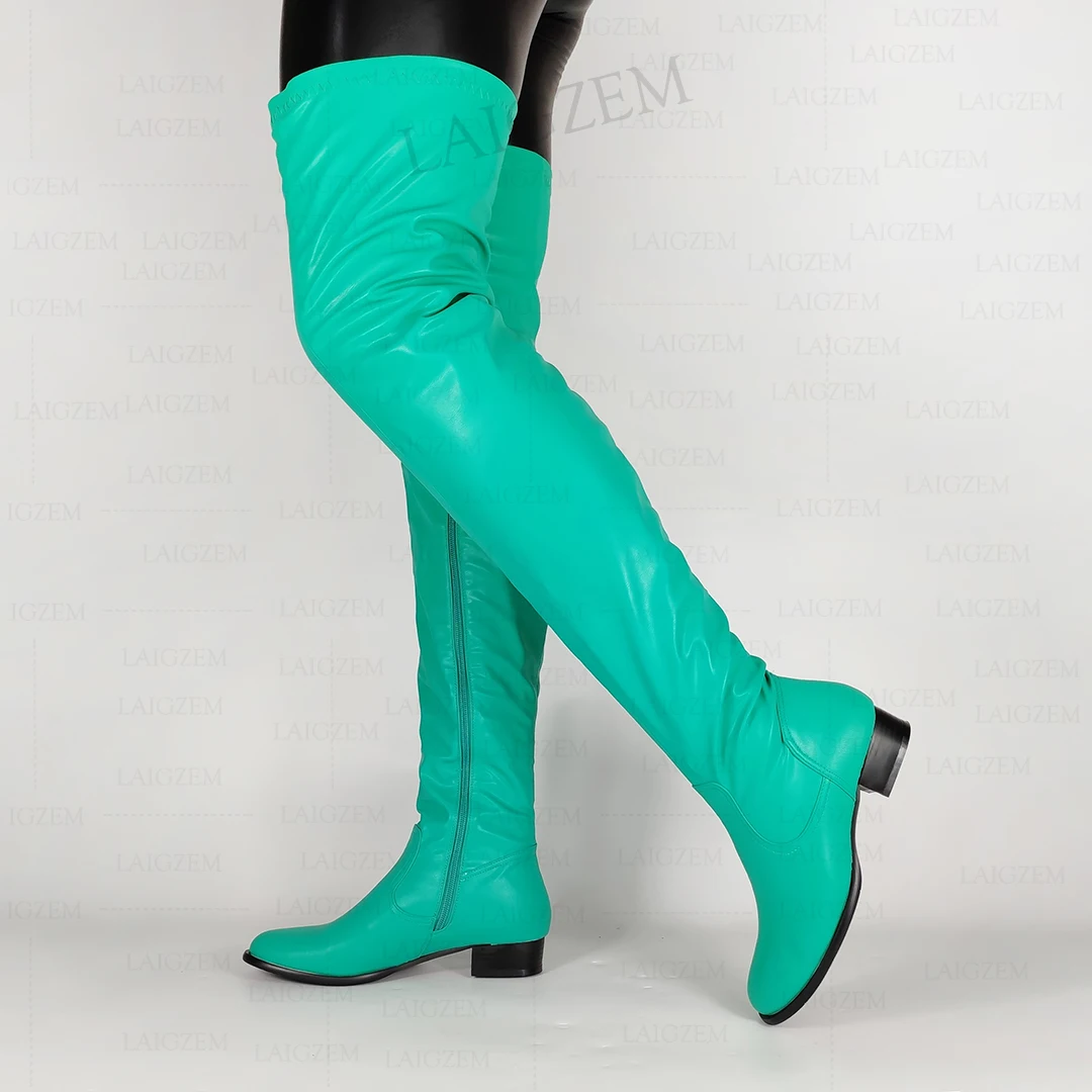 LAIGZEM Damen-Overknee-Stiefel, runde Zehenpartie, seitlicher Reißverschluss, bequeme Stiefel mit niedrigem Absatz, handgefertigte Schuhe für Damen, große Größe 38, 43, 45, 47, 52