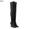 Rontic handgemachte Damen Frühling schlanke Oberschenkel Stiefel seitlicher Reißverschluss Keile Heels spitze Zehen elegante schwarze Nachtclub-Schuhe US-Größe 5–15