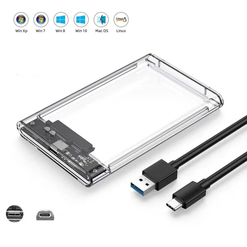 Boîtier HDD SSD 2.5 pouces USB 3.1 Type C boîtier de disque dur Transparent, boîtier de disque dur externe pour ordinateur portable Sata Box boîtier de disque dur SSD