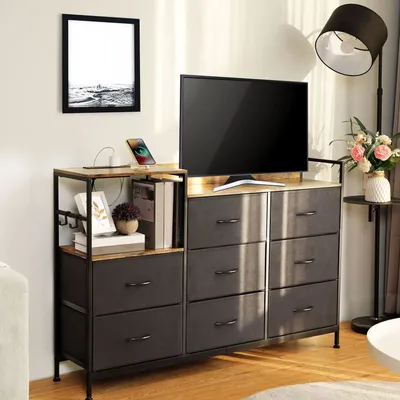 Storage Cabinet Fabric Storage Dresser Entertainment Center with Metal Frame Wooden Top Media Console Table Long TV Dresser
