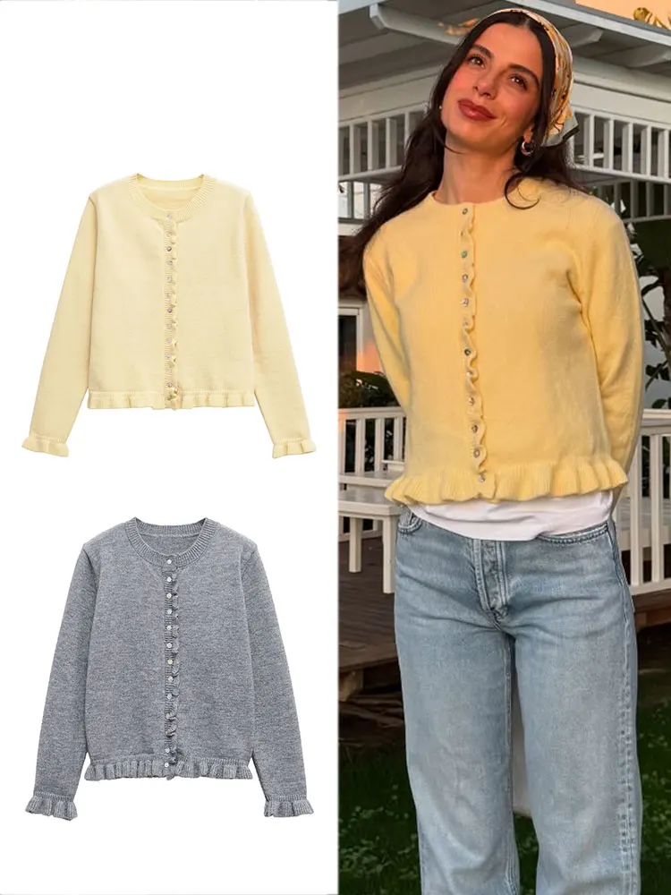 HH Frauen Casual Gelb Strickjacke Einreiher O Neck Schmetterling Hülse Pullover Herbst Weibliche Solide Outwear Tops Image